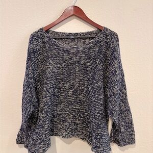 Eileen Fisher Linen/Wool Blend Oversized Sweater Navy/Beige Open Knit Size. L/XL